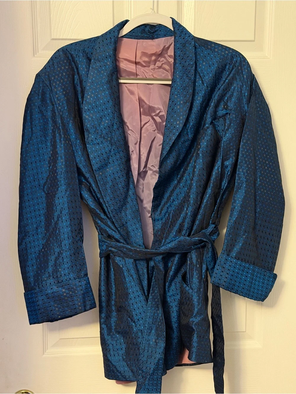 Vintage Smoking jacket Blue Textured Satin Tie-Waist Jacket size Medium